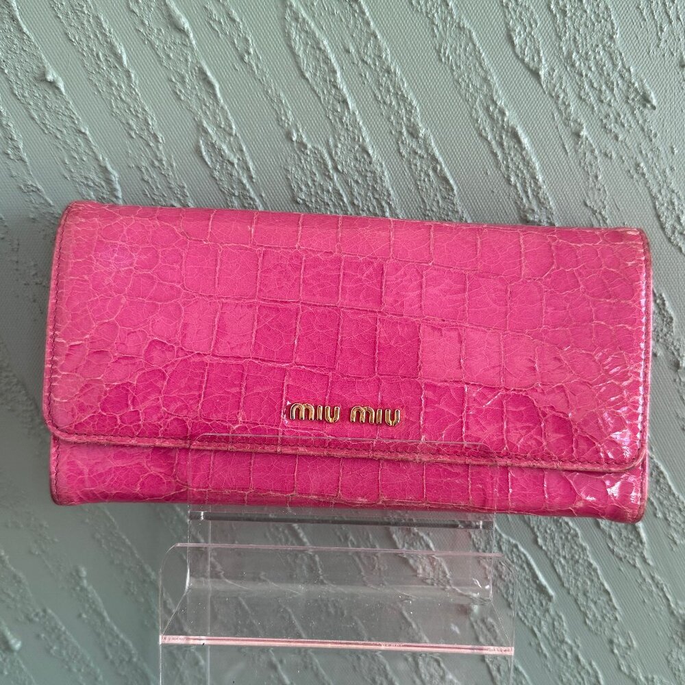 Miu Miu Pink Croc Embossed Leather Long Wallet